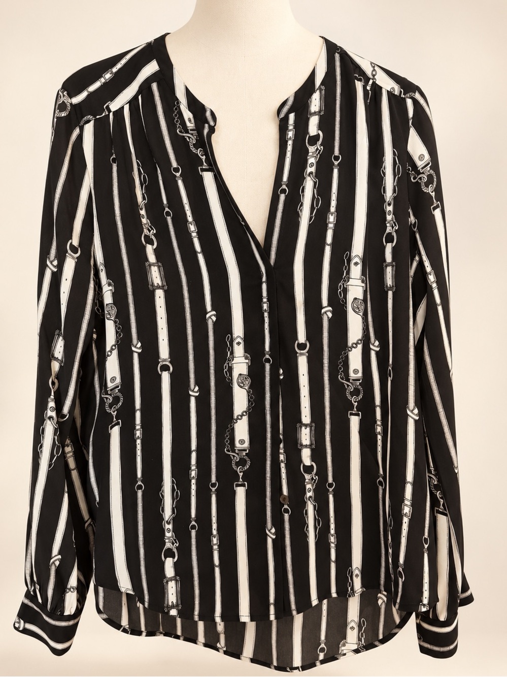 L'AGENCE Black & White Striped Chain-Print Button Down Blouse
